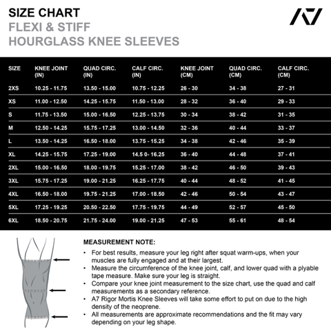 A7 IPF Approved Hourglass Knee Sleeves feature an hourglass-shaped centre taper fit to help provide knee compression while maintaining proper tightness around the calf and quad, offered in three stiffnesses (Flexi, Stiff and Rigor Mortis). Shop the full A7 Powerlifting IPF Approved Equipment collection. The IPF Approved Kit includes Powerlifting Singlet, A7 Meet Shirt, A7 Zebra Wrist Wraps and A7 Deadlift Socks. All A7 Powerlifting Equipment shipping to UK, Norway, Switzerland and Iceland.