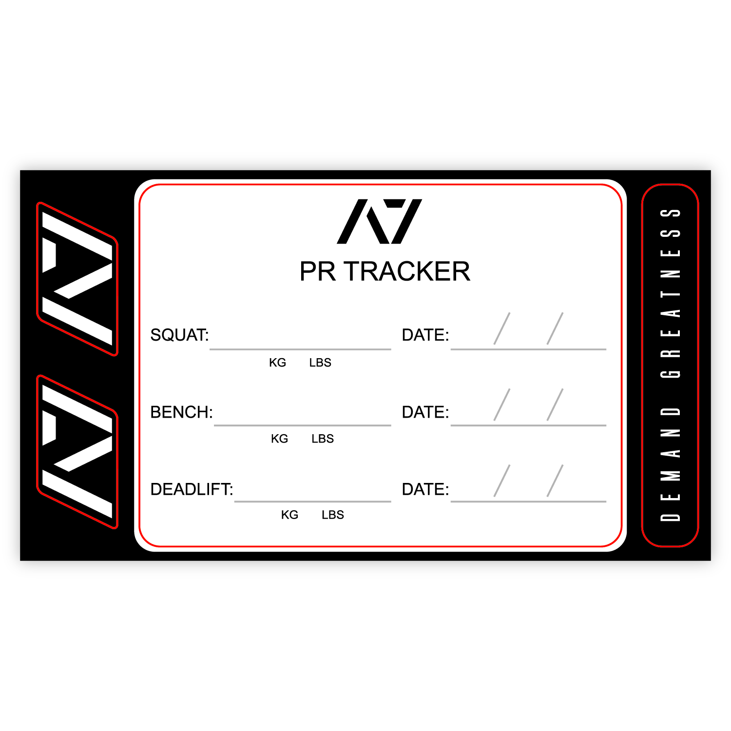 A7 PR Tracker sheet was designed to allow you to document your PRs and progress in your training of Squat, Bench and Deadlift in a convenient sheet that you can attach to your belt, your gym banner or even your home gym wall. It include a small A7 Permanent marker with a keyring to help document our success along with 2 A7 stickers and 1 Demand Greatness sticker.