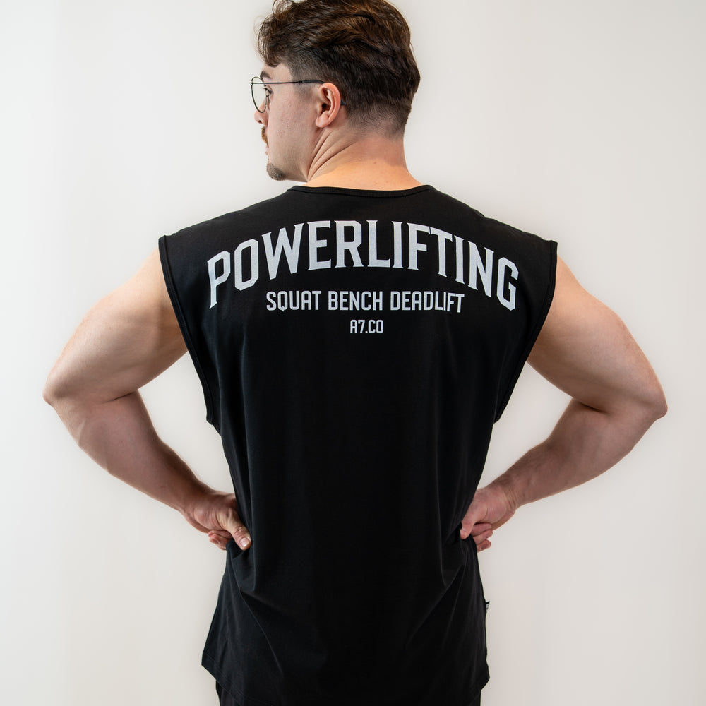 Just like our high-demand over-fit shirts, the Over-Fit Cut Off Shirt offers one of the best covers in the gym while giving you complete freedom of movement; or perfect for lounging in style. Designed for those upper-body days when it gets hot but you still want to keep your torso covered, this tank keeps you comfortable, flexible, and ready for every lift. All A7 Powerlifting Equipment shipping to UK, Norway, Switzerland and Iceland.