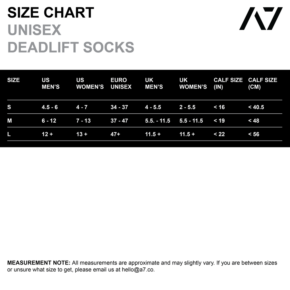 
                      
                        A7 Ivory Rose deadlift socks are designed specifically for pulls and keep your shins protected from scrapes. A7 deadlift socks are a perfect pair to wear in training or powerlifting competition. The A7 IPF Approved Kit includes Powerlifting Singlet, A7 Meet Shirt, A7 Zebra Wrist Wraps, A7 Deadlift Socks, Hourglass Knee Sleeves (Stiff Knee Sleeves and Rigor Mortis Knee Sleeves). All A7 Powerlifting Equipment shipping to UK, Norway, Switzerland and Iceland.
                      
                    