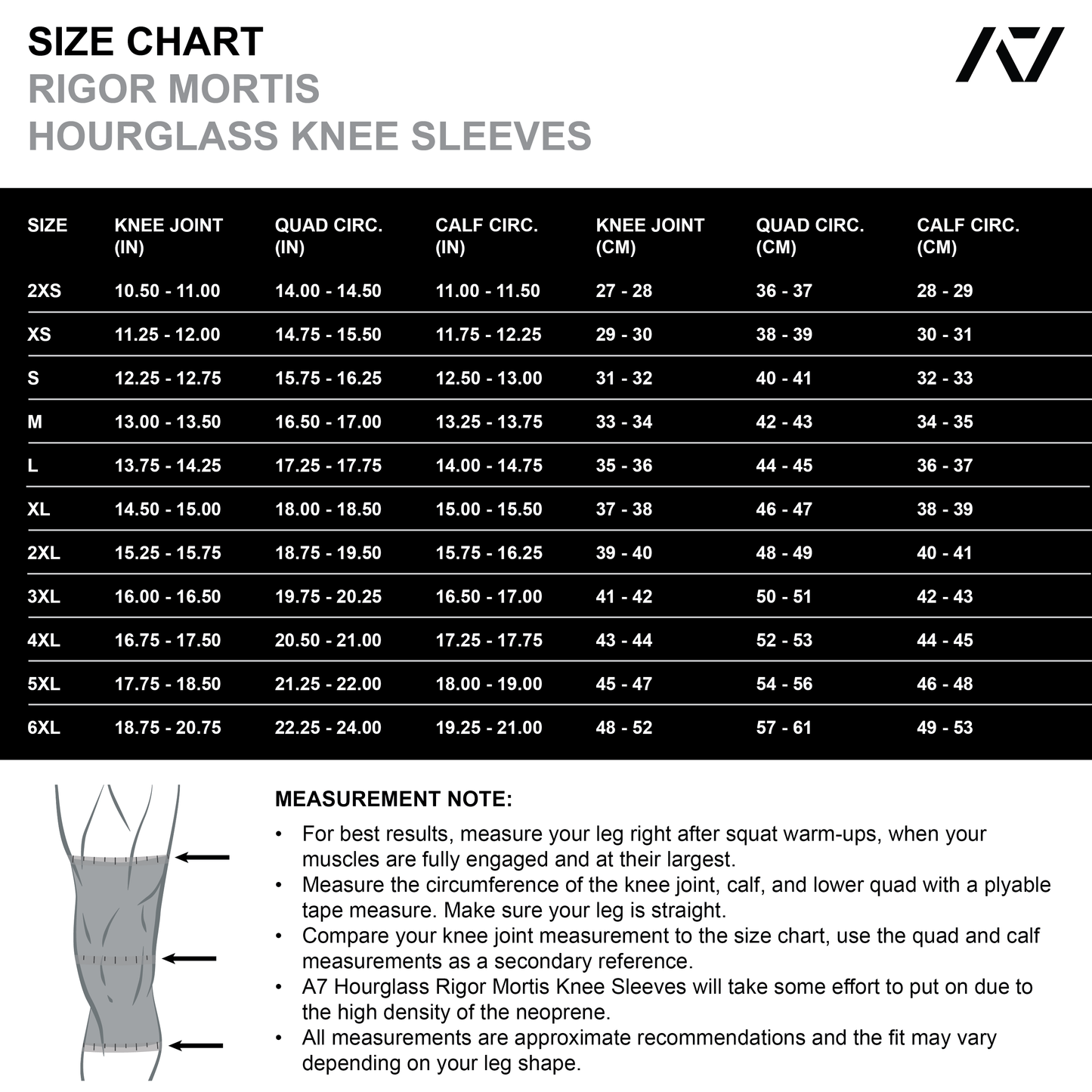 A7 IPF Approved Hourglass Knee Sleeves feature an hourglass-shaped centre taper fit to help provide knee compression while maintaining proper tightness around the calf and quad, offered in three stiffnesses (Flexi, Stiff and Rigor Mortis). Shop the full A7 Powerlifting IPF Approved Equipment collection. The IPF Approved Kit includes Powerlifting Singlet, A7 Meet Shirt, A7 Zebra Wrist Wraps and A7 Deadlift Socks. All A7 Powerlifting Equipment shipping to UK, Norway, Switzerland and Iceland.
