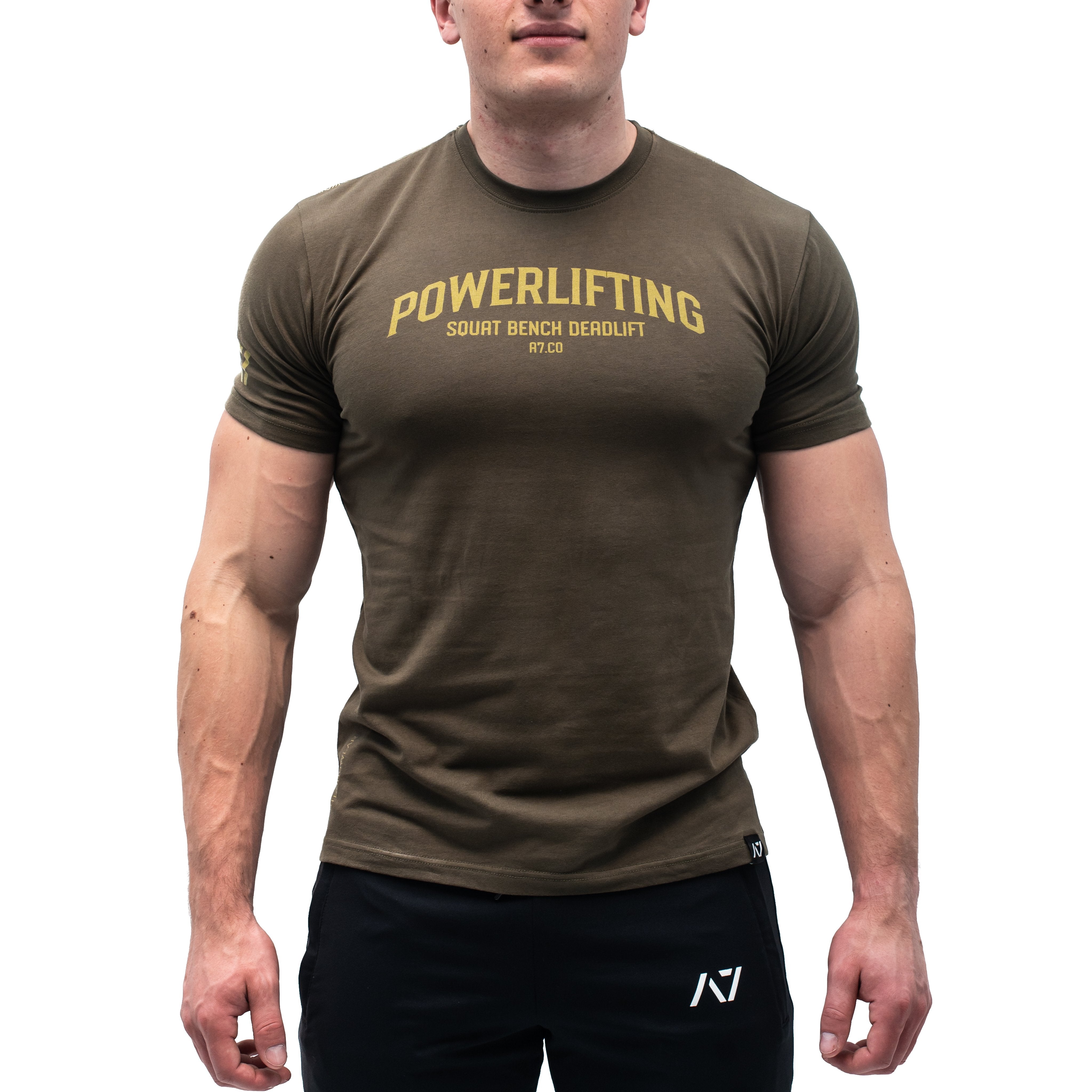 Powerlifting Military Bar Grip T-shirt, great as a squat shirt. Purchase Powerlifting Military Bar Grip tshirt UK from A7 UK or A7 Europe. No more chalk and no more sliding. Best Bar Grip Tshirts, shipping to UK and Europe from A7 UK or A7 Europe. The best Powerlifting apparel for all your workouts. Available in UK and Europe including France, Italy, Germany, Sweden and Poland