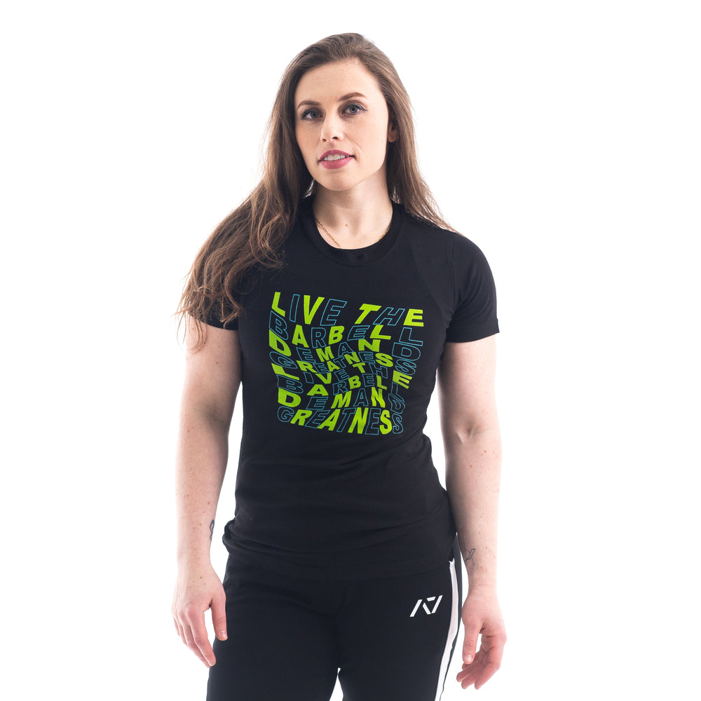 
                      
                        VorText Alien Women's Bar Grip Shirt. Make a stand on the platform as you continue to approach perfection to prove you are not of this world. Whether pressing, pulling, squatting or any other variational movement the knurling is always there. The silicone bar grip helps with slippery commercial benches and bars and anchors the barbell to your back. All A7 Powerlifting Equipment shipping to UK, Norway, Switzerland and Iceland.
                      
                    