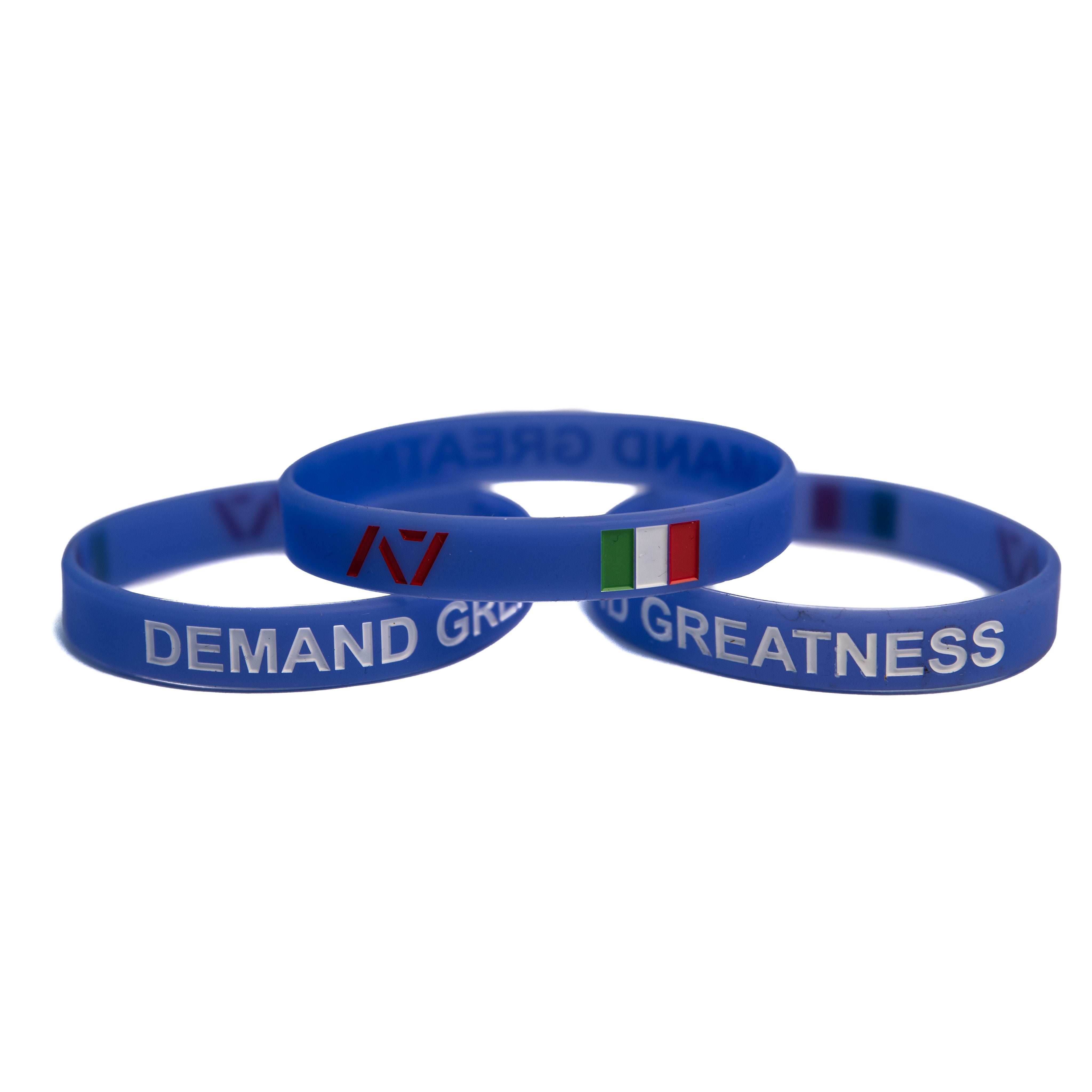 You are always working towards your goals and helping others reach their full potential. Feel the Italian spirit with this country wristband design that incorporates the Italian flag into a wristband and reminds you to always Demand Greatness. The wristband is 1/2 inch wide and features black debossed lettering.