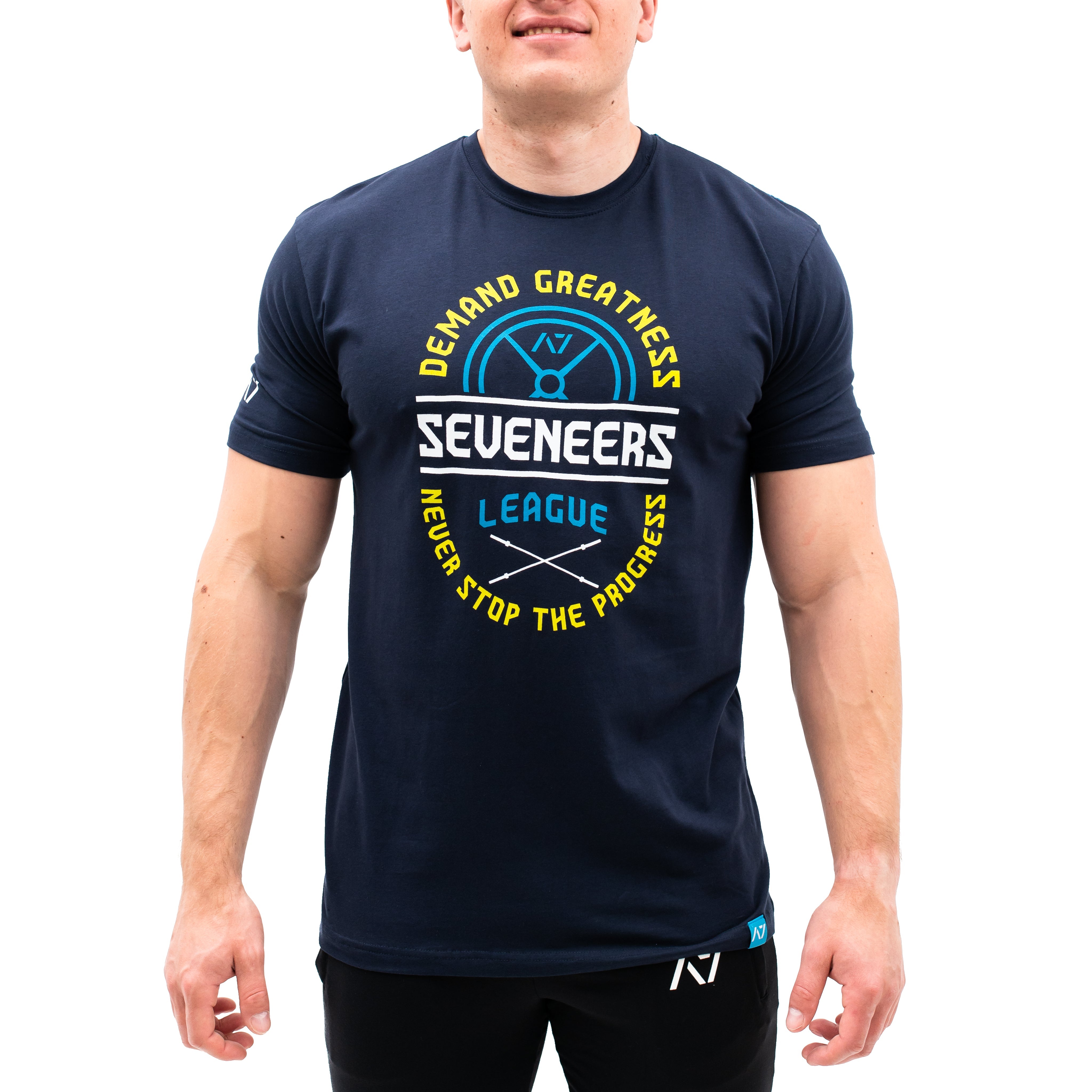 The Seveneers League bar grip - we demand greatness from life and never stop progressing towards out goals! A7 bar grip helps you stick to the bench during bench press and anchors the barbell to your back when squatting. Bar Grip is the ultimate training shirt for powerlifting, strongman and weightlifting workouts. Seveneers Bar Grip is a perfect gift for a powerlifter. Purchase Seveneers League Bar Grip from A7 UK for shipping to UK.