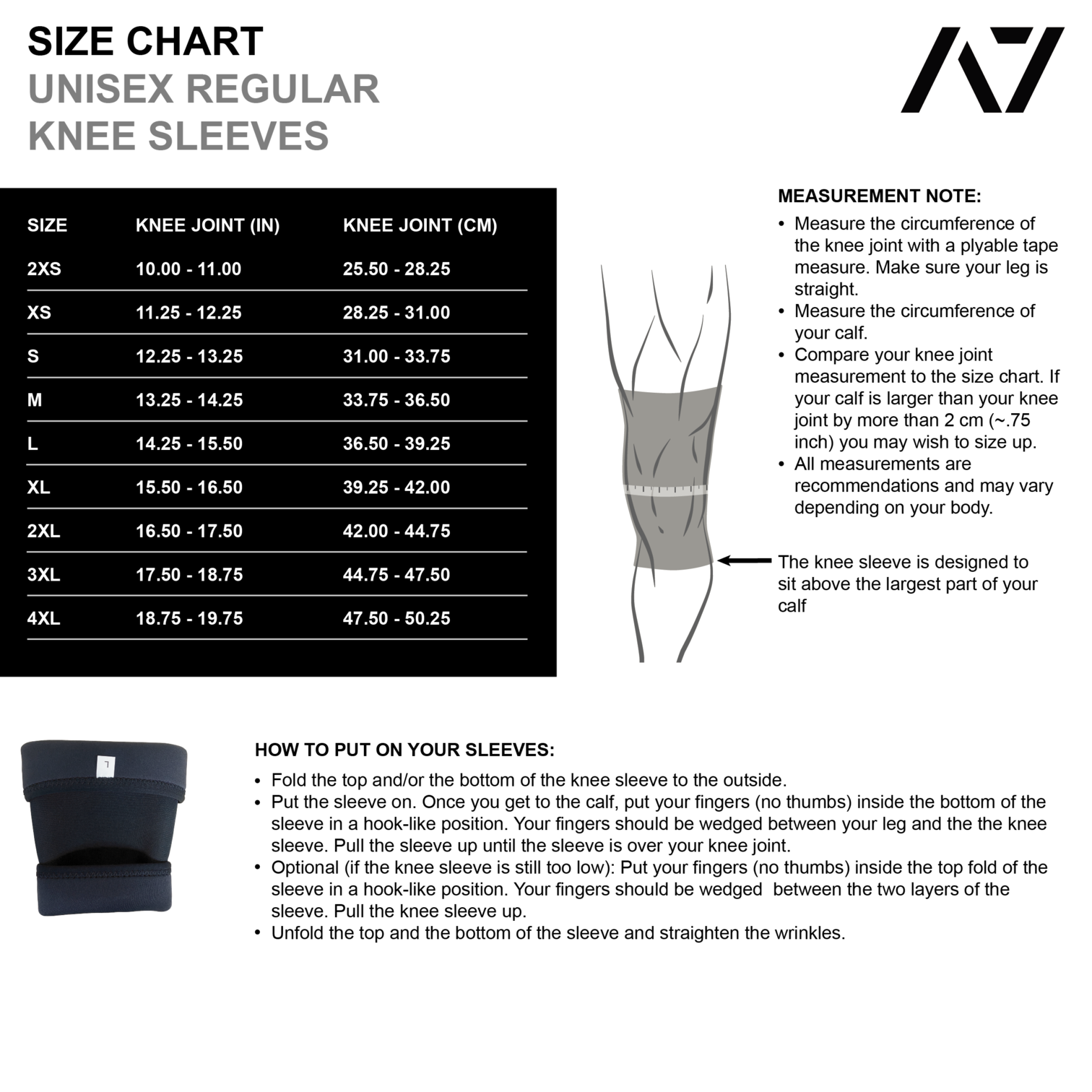 A7 IPF approved Black CONE knee sleeves are structured with a downward cut panel on the back of the quad and calf to ensure ultimate compression at the knee joint. A7 CONE knee sleeves are IPF approved for use in all powerlifting competitions. A7 CONE Knee Sleeves are IPF Approved Kit. A7 cone knee sleeves are made with high quality neoprene and the knee sleeves are sold as a pair. The double seam on the knee sleeves create a greater tension on the knee joint. A7 UK shipping to UK and Europe. 